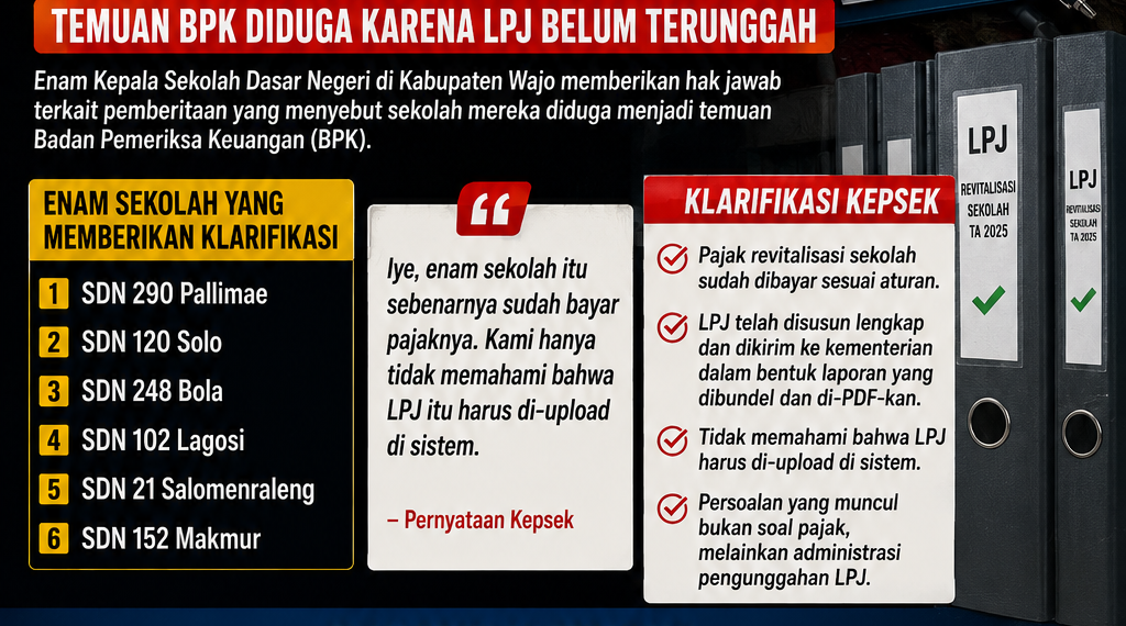 6 Kepala Sekolah di Wajo Klarifikasi Temuan BPK, Pajak Sudah Dibayar Hanya LPJ Belum Upload